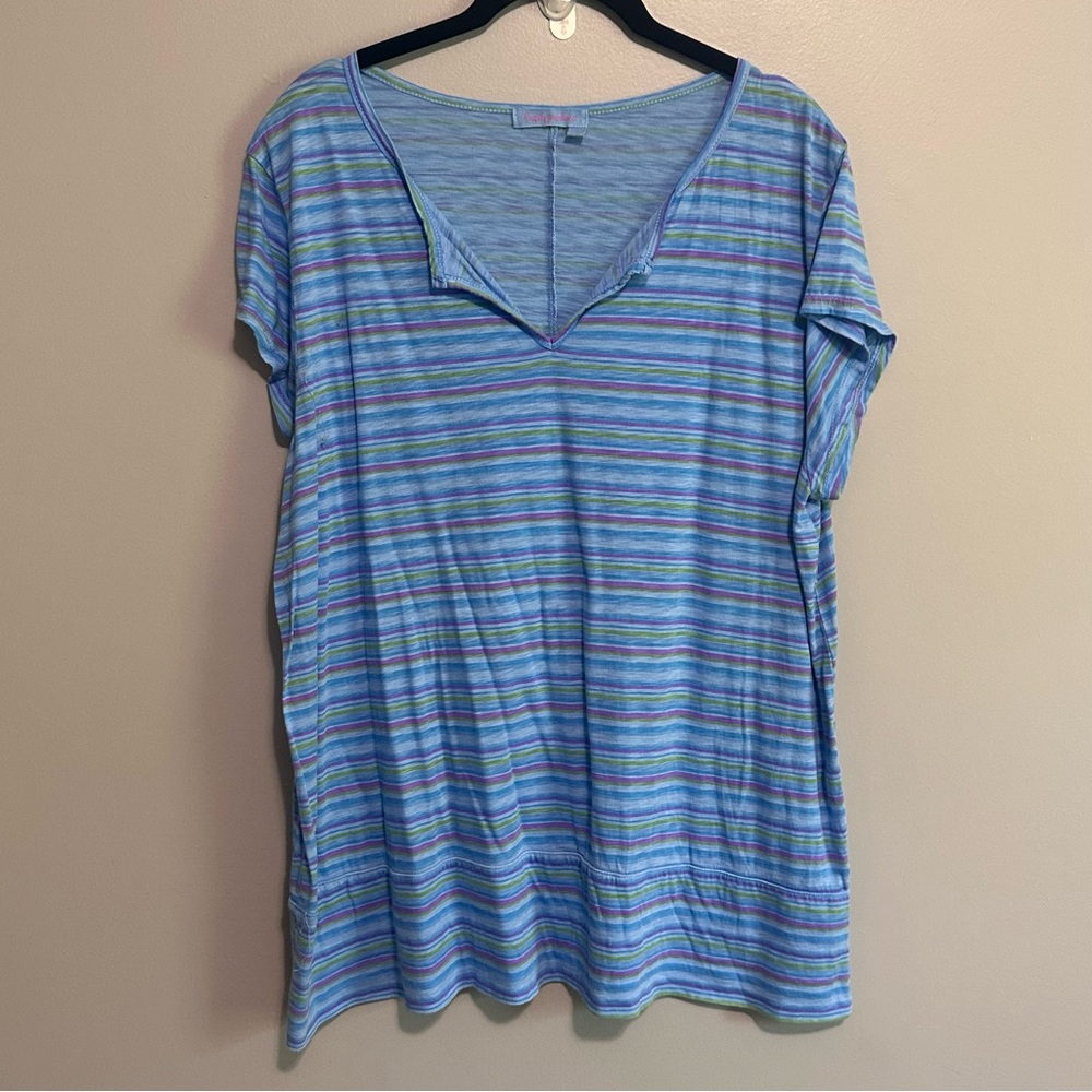 Fresh Produce Striped V Neck Tee Womens 1X Blue Green Casual Top